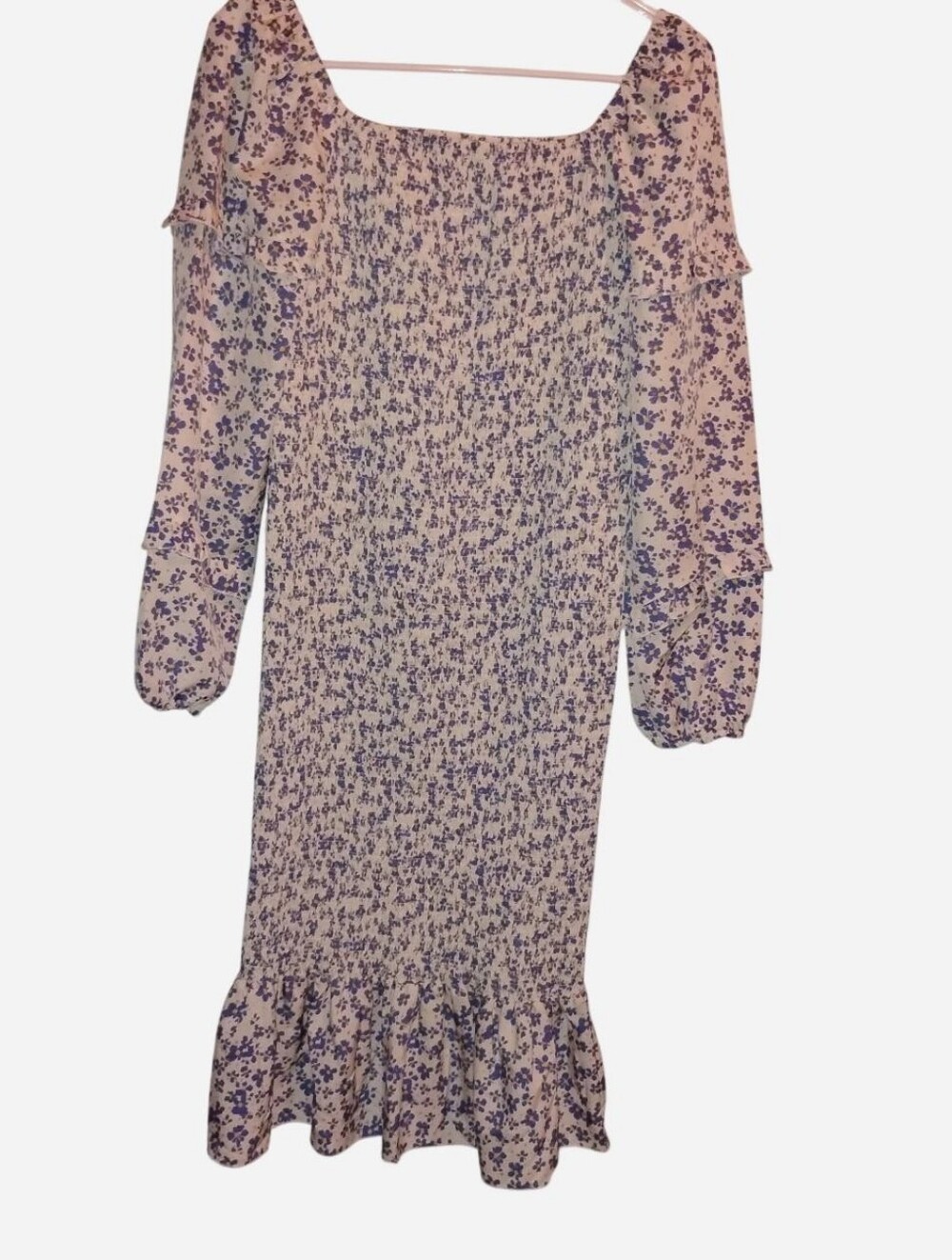 NWT Floral Smocked Mini Dress Size M Long Sleeve Ruffle Hem Square Neck